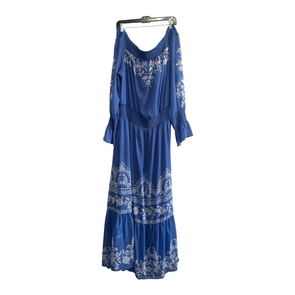 Chico’s 4 US 20 Off Shoulder Blue White Maxi Dress Tiered Boho